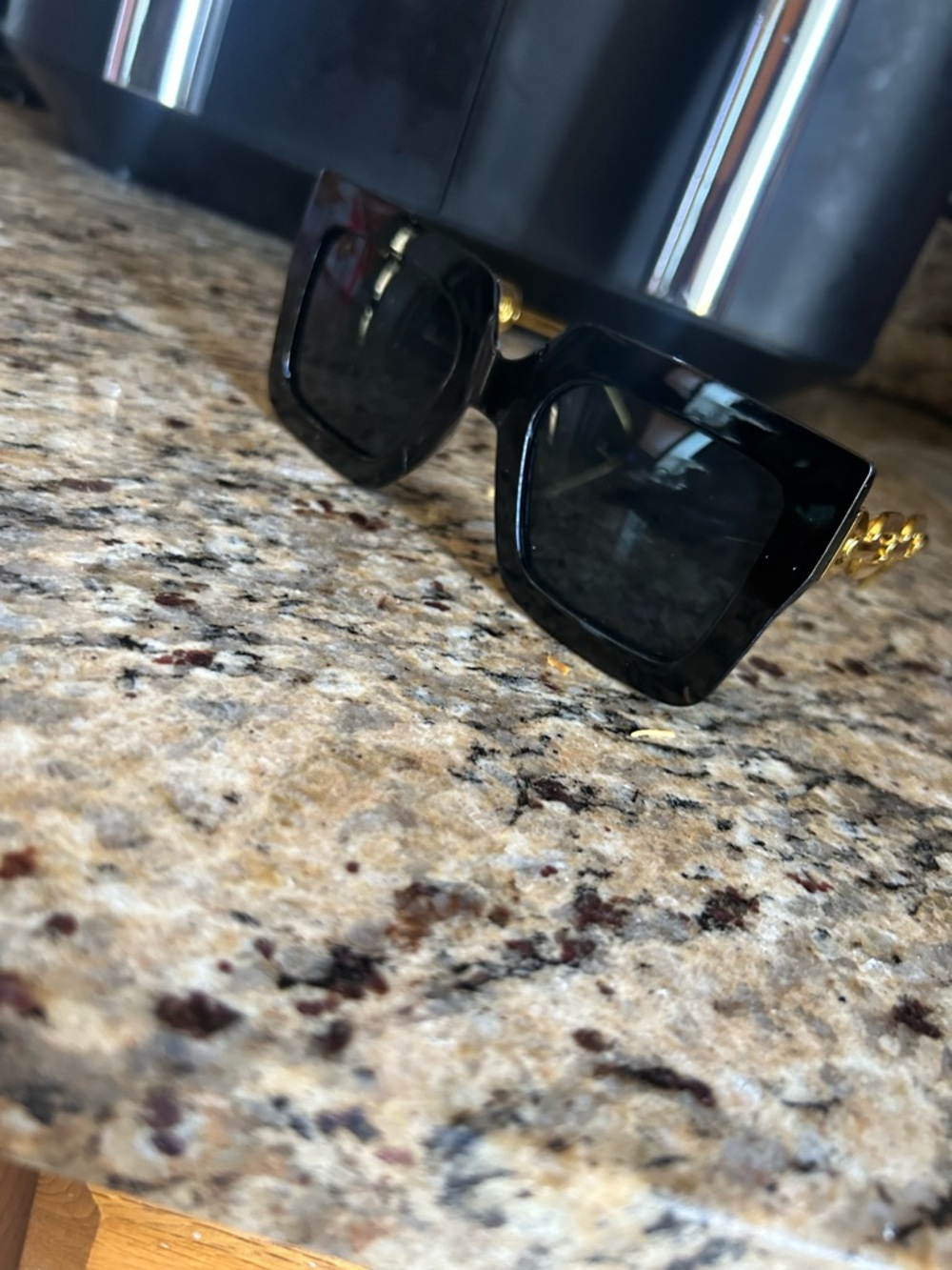 Black Square Frame Sunglasses with Gold Chain Arms - Woman Accessories